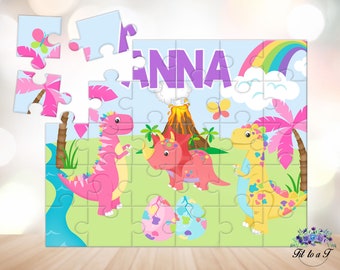 Personalized Girls Dinosaur Jigsaw Puzzle, Personalized Gifts for Kids, Birthday Gifts, Easter Basket Stuffers, Toddler Puzzle