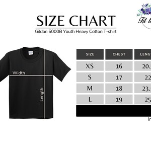 May include: A size chart for a Gildan 5000B youth heavy cotton t-shirt. The image displays a black t-shirt with white lines indicating width and length measurements. A table lists sizes XS, S, M, and L with corresponding chest and length in inches.