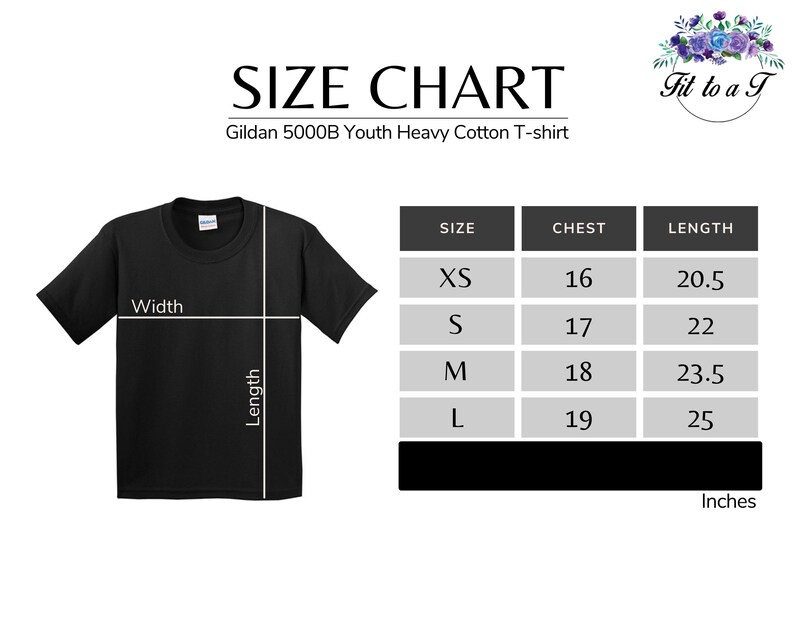 May include: A size chart for a Gildan 5000B youth heavy cotton t-shirt. The image displays a black t-shirt with white lines indicating width and length measurements. A table lists sizes XS, S, M, and L with corresponding chest and length in inches.
