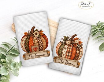 Personalized Fall Kitchen Towel Set: Patchwork Pumpkin Tea Towels, Farmhouse Autumn Decor, Custom Family Name Hand Towel