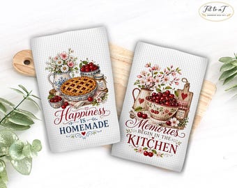 Happiness Is Homemade Kitchen Towel Set: Memories Begin in the Kitchen Tea Towels, Cherry Cottagecore Decor, Housewarming Gifts
