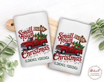Personalized Small Town Christmas Kitchen Towels: Custom Zip Code City & State, Holiday Decor, Vintage Red Truck