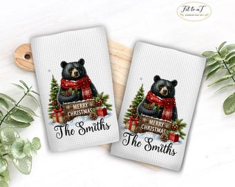 Personalized Black Bear Christmas Kitchen Towel: Custom Family Name Tea Towels, Dish Hand Towel, Farmhouse Decor
