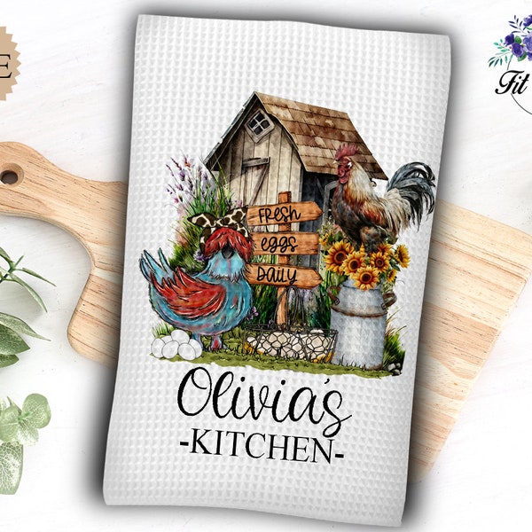 Personalized Farm Chicken Kitchen Towel, Waffle Weave Dish Towel, Farmhouse Kitchen Decor, Housewarming Gift, Hostess Gift,  New Home Gift