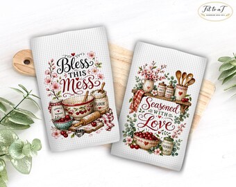 Bless This Mess Kitchen Towel Set: Dish Hand Towels, Farmhouse Decor, Cherry Cottagecore Towels, Housewarming Gift