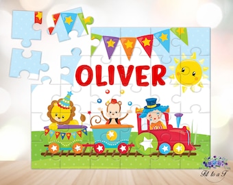 Personalized Circus Train Jigsaw Puzzle: Custom Name, Birthday Gifts for Kids, Party Favors