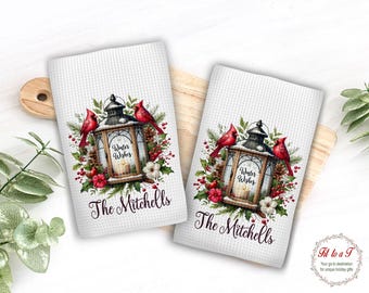 Personalized Cardinal Christmas Kitchen Towel, Custom Family Name Tea Towels, Farmhouse Decor, Holiday Dish Hand Towel