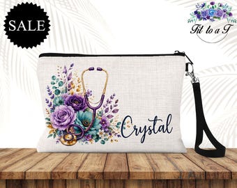 Neceser personalizado para enfermera: estuche de maquillaje con estetoscopio y flores con nombre personalizado, regalo de agradecimiento para enfermeras registradas, neceser de viaje para estudiantes de enfermería.