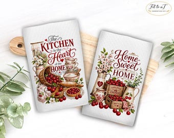 The Kitchen Is the Heart of the Home Towels: Home Sweet Home Towel Set, Farmhouse Tea Towels, Hostess Gifts