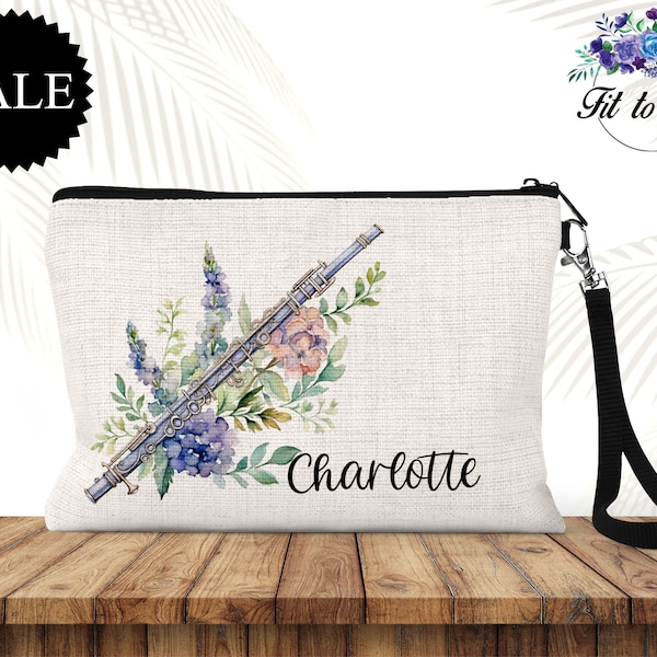 Personalized Floral Flute Cosmetic Bag, Makeup Bag, Toiletry Bag, Travel Bag, Flutist Gift, Music Lover Gift, Gifts for Musician