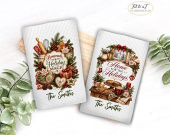 Personalized Christmas Kitchen Towel: Waffle Weave Tea Towels, Farmhouse Decor, Hostess Gifts, Housewarming Gift