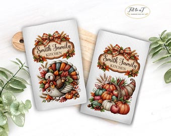 Personalized Thanksgiving Kitchen Towel Set: Custom Waffle Weave Tea Towel, Turkey Cornucopia Dish Towels
