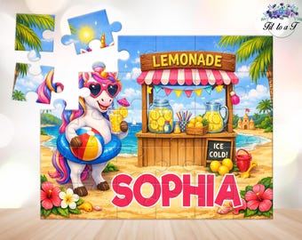 Rompecabezas personalizado de unicornio en la playa para niños: Rompecabezas con nombre personalizado, juguetes educativos para el aprendizaje temprano, ideas para regalos de cumpleaños.