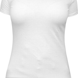 May include: A plain white t-shirt with short sleeves and a crew neck.