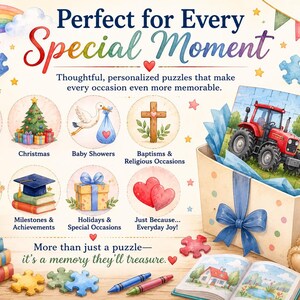 May include: A promotional graphic featuring a gift box with a red tractor puzzle, a teddy bear, and watercolor illustrations of various occasions including birthdays, Christmas, baby showers, and baptisms, with text reading Perfect for Every Special Moment.