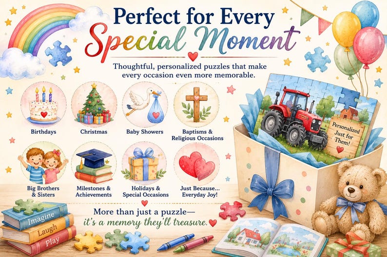 May include: A promotional graphic featuring a gift box with a red tractor puzzle, a teddy bear, and watercolor illustrations of various occasions including birthdays, Christmas, baby showers, and baptisms, with text reading Perfect for Every Special Moment.