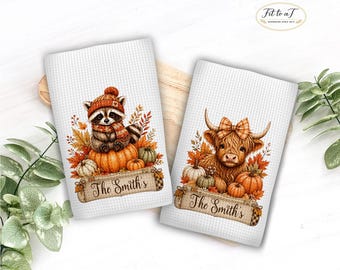 Personalized Highland Cow Kitchen Towel: Fall Waffle Weave Hand Towels, Autumn Farmhouse Decor, Tea Towel Set