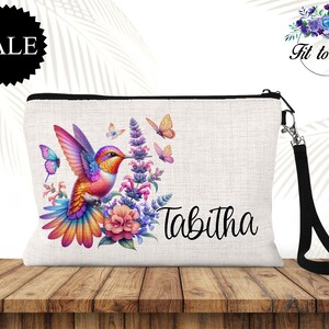 Bolso de mano con forma de colibrí personalizado, bolsa de maquillaje, bolsa con cremallera con diseño floral, regalo para amantes de las aves, regalo para amantes de las flores, regalos para ella, bolsa de viaje