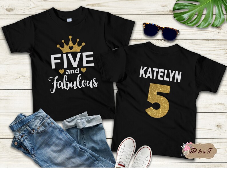 Personalized 5th birthday girl shirt featuring a pink crown and “Five and Fabulous” design on the front, with a custom name and number 5 on the back. Gildan unisex birthday tee.