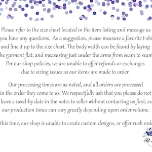 May include: A white informational graphic with purple confetti at the top and the text Fit to a T at the bottom. The text provides instructions on how to measure a t-shirt for sizing, explains shop policies regarding refunds, exchanges, and processing times.
