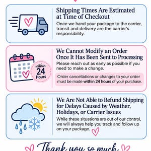May include: An informational graphic titled A Few Things to Keep in Mind with three sections featuring icons of a delivery truck, a calendar with a 24-hour note, and weather symbols. The text outlines policies regarding orders, shipping, and support.