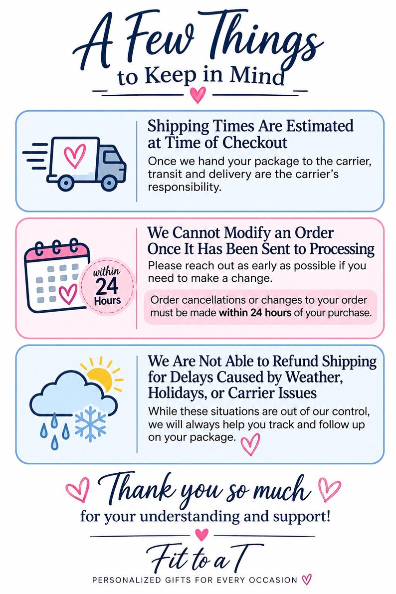 May include: An informational graphic titled A Few Things to Keep in Mind with three sections featuring icons of a delivery truck, a calendar with a 24-hour note, and weather symbols. The text outlines policies regarding orders, shipping, and support.