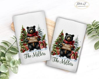Personalized Black Bear Christmas Kitchen Towel: Custom Tea Towel, Holiday Dish Hand Towels