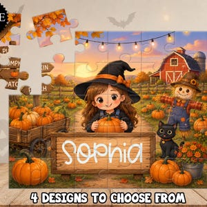 May include: A jigsaw puzzle featuring a cartoon witch holding a pumpkin, a scarecrow, and a black cat in a pumpkin patch with a red barn. A wooden sign in the foreground displays the name Sophia in white script. The scene includes string lights.