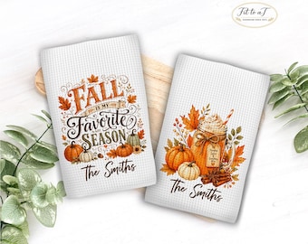 Personalized Fall Kitchen Towel Set: Waffle Weave Tea Towels, Pumpkin Spice Kitchen Decor, Housewarming Gifts