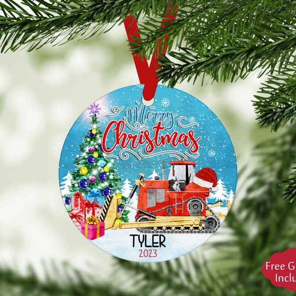 Personalized Construction Christmas Ornament, Bulldozer Ornament for Boys, Keepsake for Kids,  Stocking Stuffers for Boys