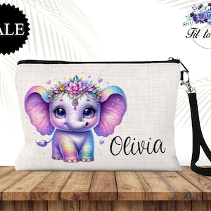 Personalized Elephant Zipper Bag, Custom Name, Wristlet Strap Pouch, Makeup Bag, Travel Accessories, Gifts for Her, Elephant Lover Gift