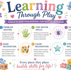 May include: An educational infographic titled Learning Through Play with the subtitle Puzzles do more than entertain&mdash;they help children grow! It features six numbered points detailing developmental benefits like problem solving, fine motor skills, and hand-eye coordination, illustrated with colorful icons, a rainbow, balloons, books, and a teddy bear.