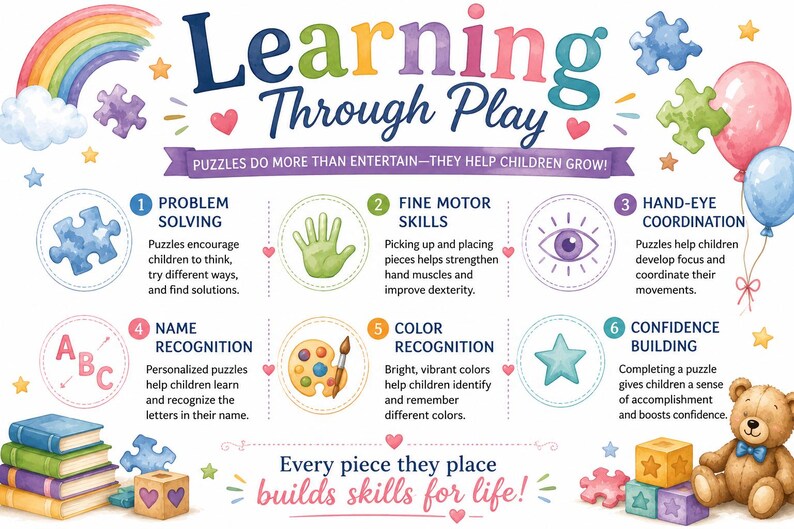 May include: An educational infographic titled Learning Through Play with the subtitle Puzzles do more than entertain&mdash;they help children grow! It features six numbered points detailing developmental benefits like problem solving, fine motor skills, and hand-eye coordination, illustrated with colorful icons, a rainbow, balloons, books, and a teddy bear.