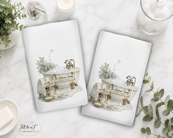 Personalized Farmhouse Bath Towel Set: Eucalyptus Bath Decor, Waffle Weave Bathroom Hand Towels, Housewarming Gifts
