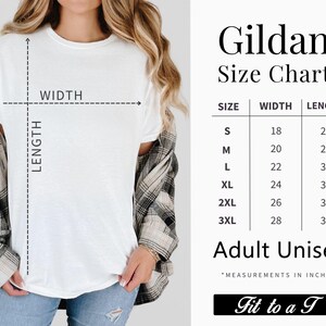 May include: A white t-shirt worn under a plaid shirt, accompanied by a Gildan Size Chart for adult unisex apparel. The chart lists sizes S through 3XL with corresponding width and length measurements in inches, ranging from 18 to 33 inches.