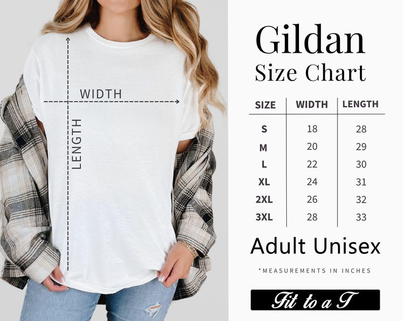 May include: A white t-shirt worn under a plaid shirt, accompanied by a Gildan Size Chart for adult unisex apparel. The chart lists sizes S through 3XL with corresponding width and length measurements in inches, ranging from 18 to 33 inches.