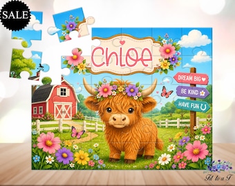 Rompecabezas personalizado de vaca de las Tierras Altas para niños: Rompecabezas con nombre personalizado, Rompecabezas de animales de granja, Juguete de aprendizaje temprano