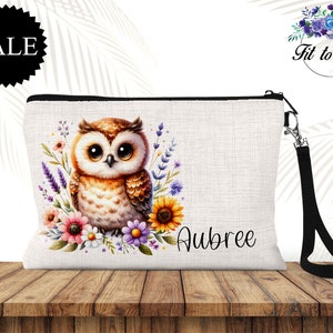 Personalized Floral Owl Travel Pouch, Makeup Bag, Toiletry Bag, Cosmetic Bag, Wristlet Purse for Girls, Accessory Pouch for Kids