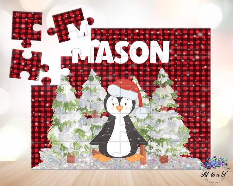 Personalized children's Christmas puzzle featuring a cute penguin wearing a Santa hat in front of snowy pine trees on a red buffalo plaid background with a custom child's name. Available in 30, 40, and 48 pieces.