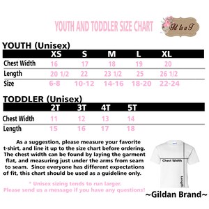 May include: A black and white size chart for youth and toddler unisex clothing. The chart lists chest width and length measurements in inches for sizes XS to XL and 2T to 5T. The chart also includes corresponding age ranges for each size.