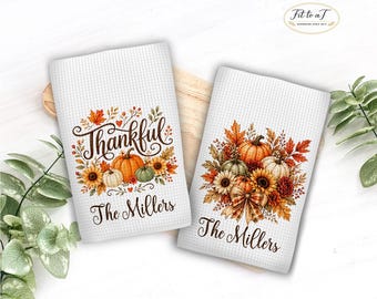 Personalized Fall Pumpkin Kitchen Towel: Waffle Weave Hand Towels, Autumn Farmhouse Decor, Tea Towel Set
