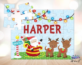 Personalized Santa & Reindeer Christmas Puzzle: Custom Name Jigsaw, Early Learning Toys, Gifts for Kids