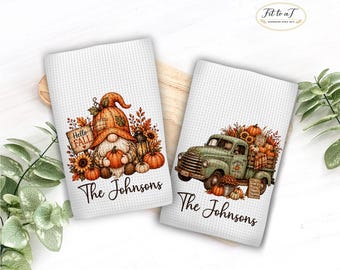Personalized Fall Gnome Kitchen Towel: Custom Family Name, Pumpkin Waffle Weave Hand Towel, Thanksgiving Hostess Gift