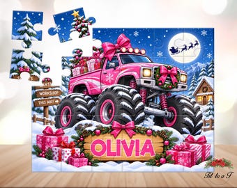 Personalized Pink Monster Truck Christmas Puzzle: Custom Name Jigsaw for Girls, Early Learning Toys
