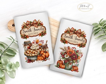 Personalized Thanksgiving Kitchen Towel Set: Waffle Weave Tea Towels, Custom Fall Dish Towel