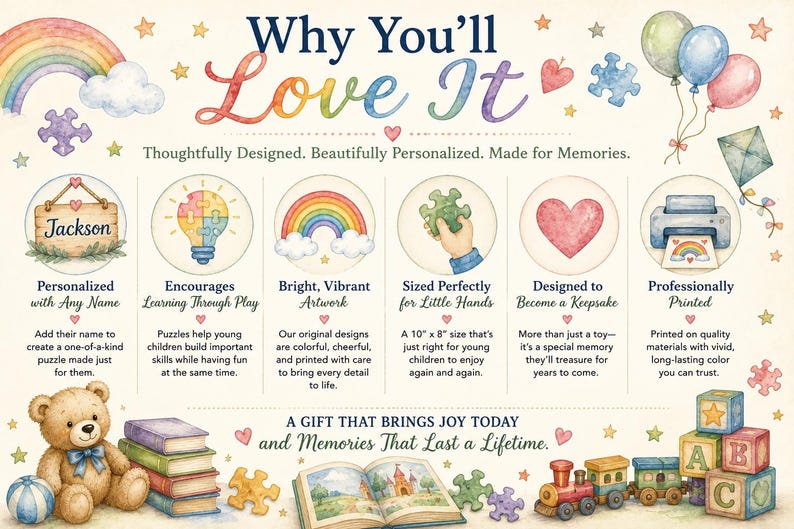 May include: An informational graphic titled Why You'll Love It featuring watercolor illustrations of a rainbow, balloons, a teddy bear, books, a train, and alphabet blocks. It highlights product features including personalization, 10 inch by 8 inch sizing, and professional printing.