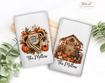 Personalized Fall Kitchen Towels: Spooky Coffee Club Tea Towel, Farmhouse Autumn Hand Towel, Halloween Decor
