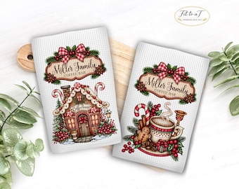 Personalized Christmas Coffee Shop Towel Set: Waffle Weave Dish Towel, Custom Holiday Tea Towels