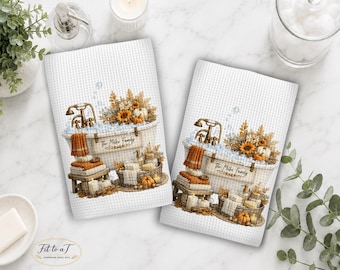 Personalized Fall Bath Hand Towels:  Autumn Cottagecore Bathroom Decor, Pumpkin Farmhouse Waffle Weave Bath Towel, Housewarming Gifts