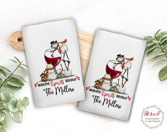Personalized Snowman Wine Kitchen Towel: Waffle Weave Tea Towel, Custom Family Name, Funny Christmas Decor